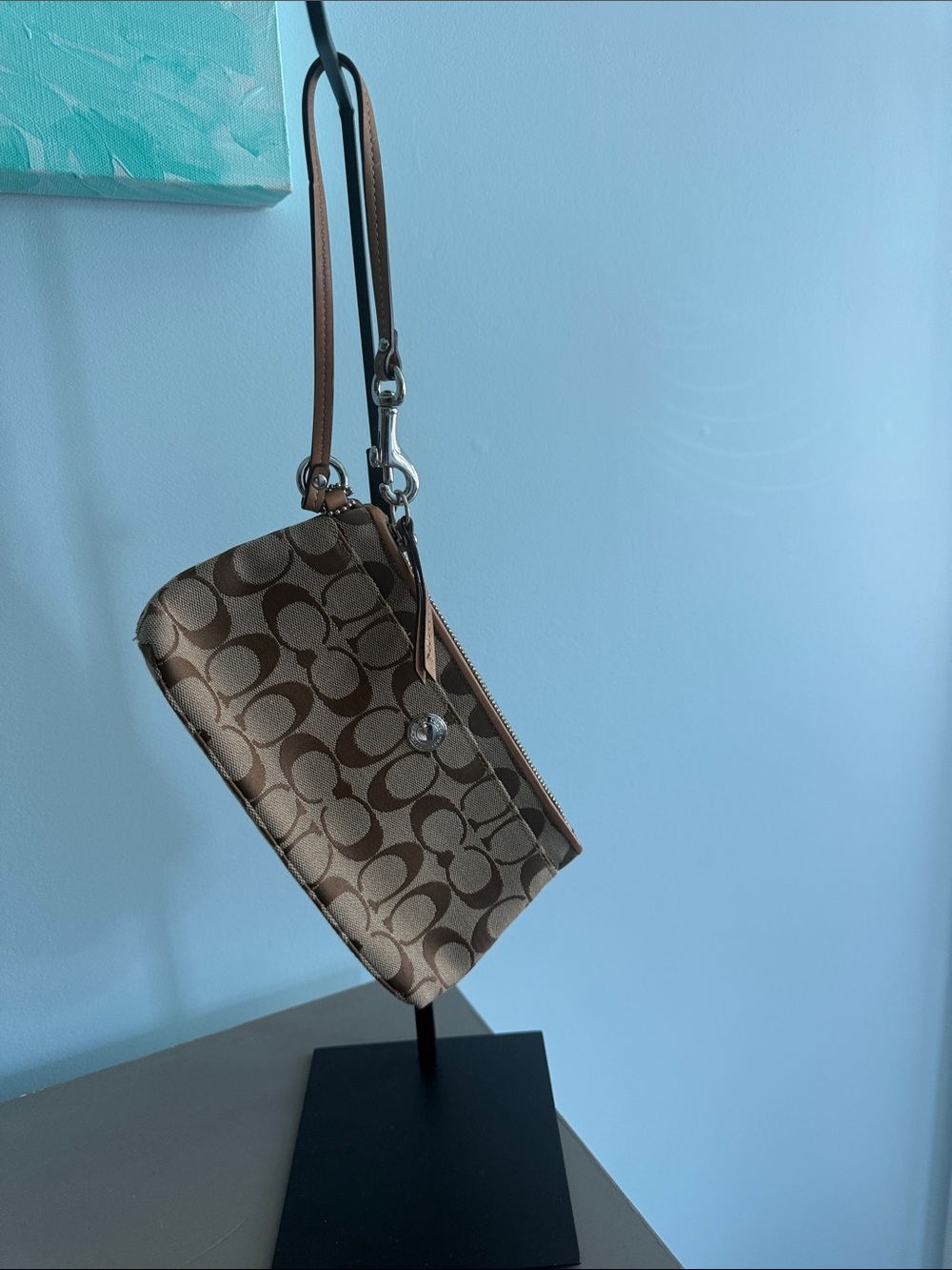 Coach Brown Signature Canvas Wristlet with Leather Strap
